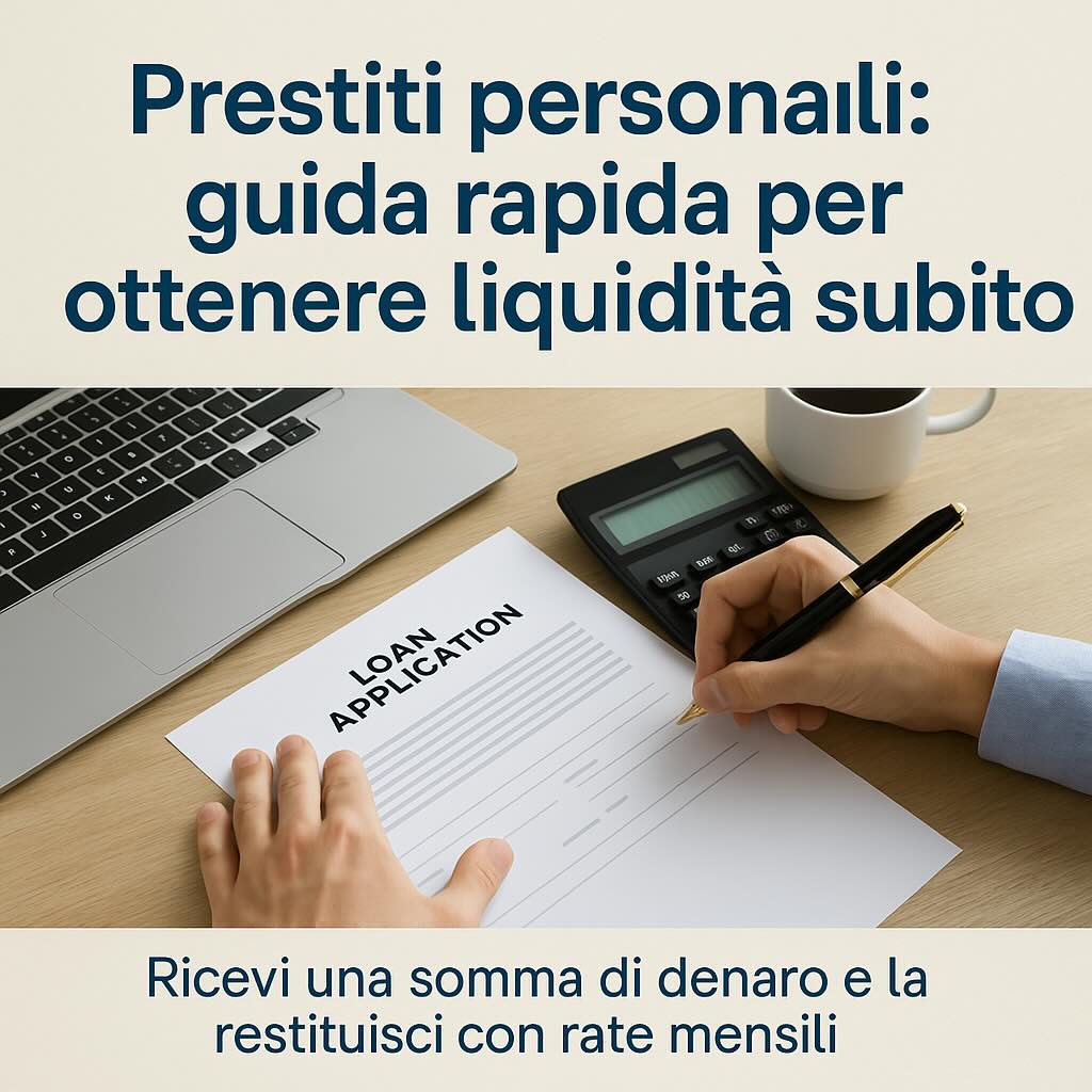 Persona che firma una richiesta di prestito personale con laptop e calcolatrice sul tavolo